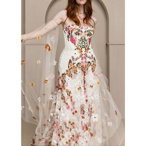 Wild flower wedding dress, strapless with colorful embroidery